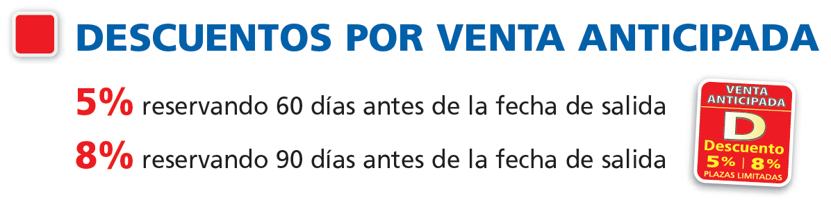 Descuento reservas anticipadas: 8 % para reservas realizadas antes de 90 días a la fecha de salida del crucero o 5 % si la reserva se produce antes de 60 días. Plazas limitadas de oferta por reservas anticipadas. DESCUENTOS RESERVA ANTICIPADA POLITOURS DESCUENTOS CRUCEROS FLUVIALES
